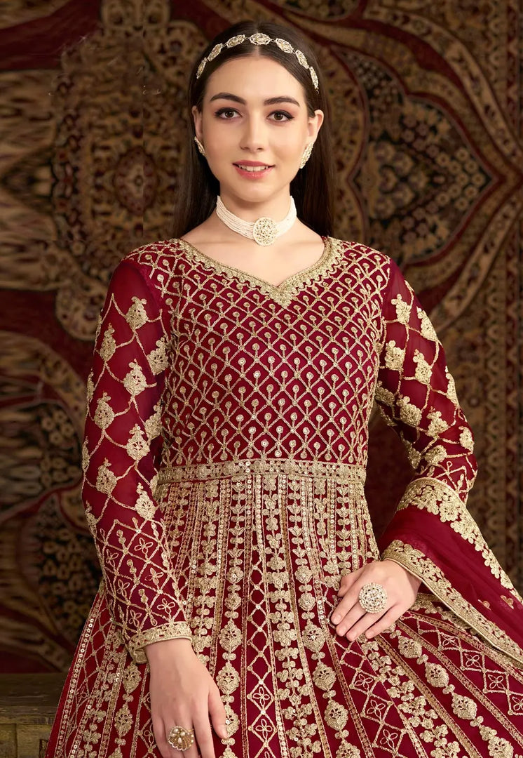 Maroon Net Embroidered Anarkali Suit