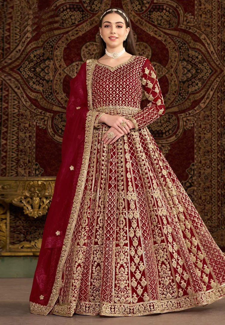 Maroon Net Embroidered Anarkali Suit