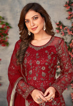 Load image into Gallery viewer, Maroon Net Embroidered Pant Style Suit
