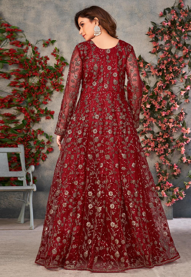 Maroon Net Embroidered Pant Style Suit