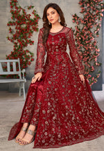 Load image into Gallery viewer, Maroon Net Embroidered Pant Style Suit

