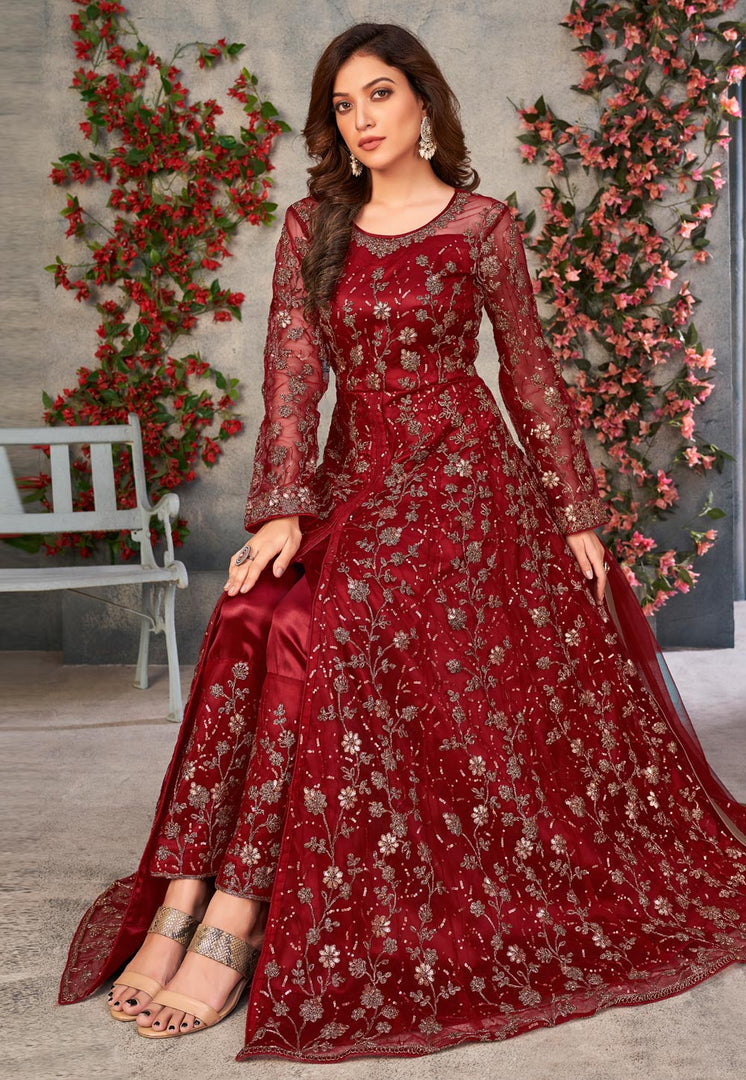 Maroon Net Embroidered Pant Style Suit