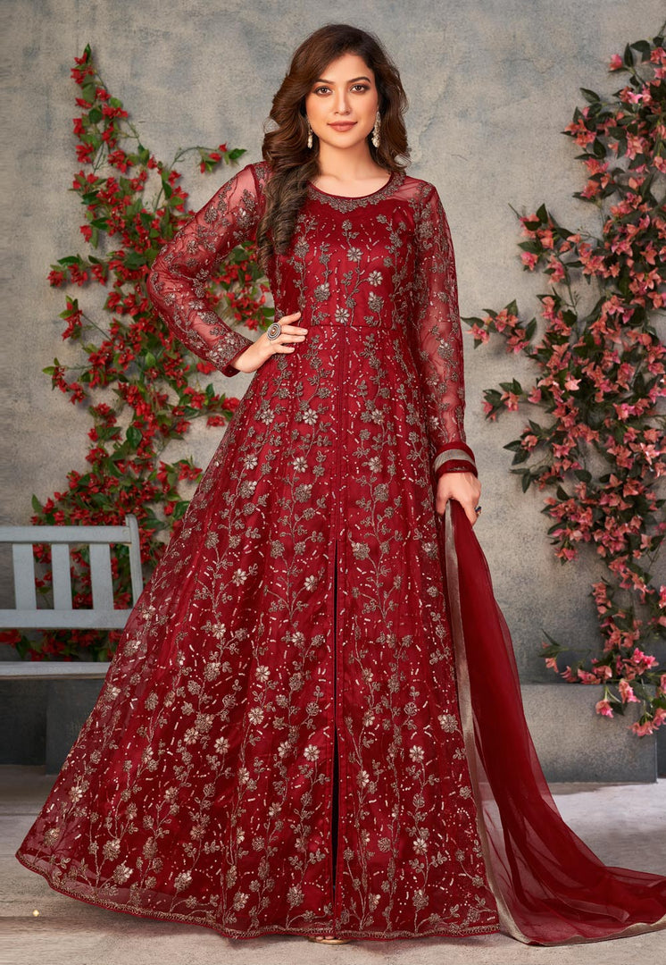 Maroon Net Embroidered Pant Style Suit