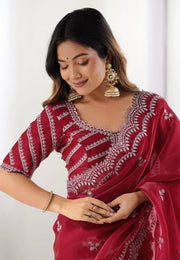 Maroon Organza Saree With Blouse