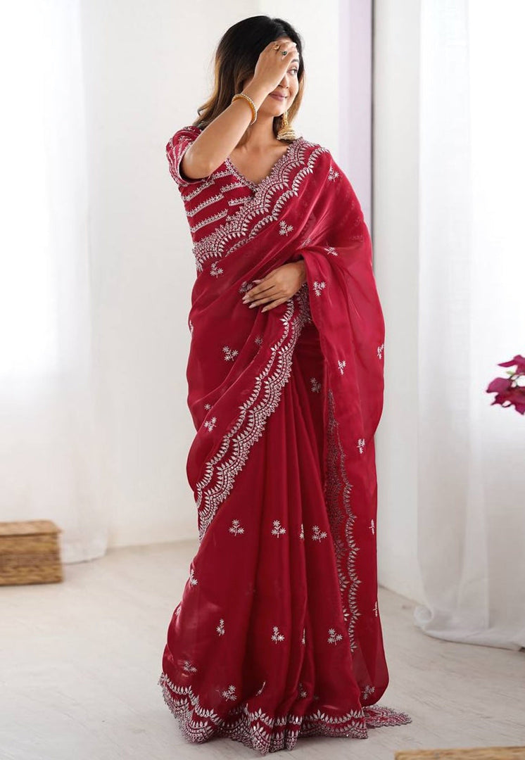 Maroon Organza Saree With Blouse