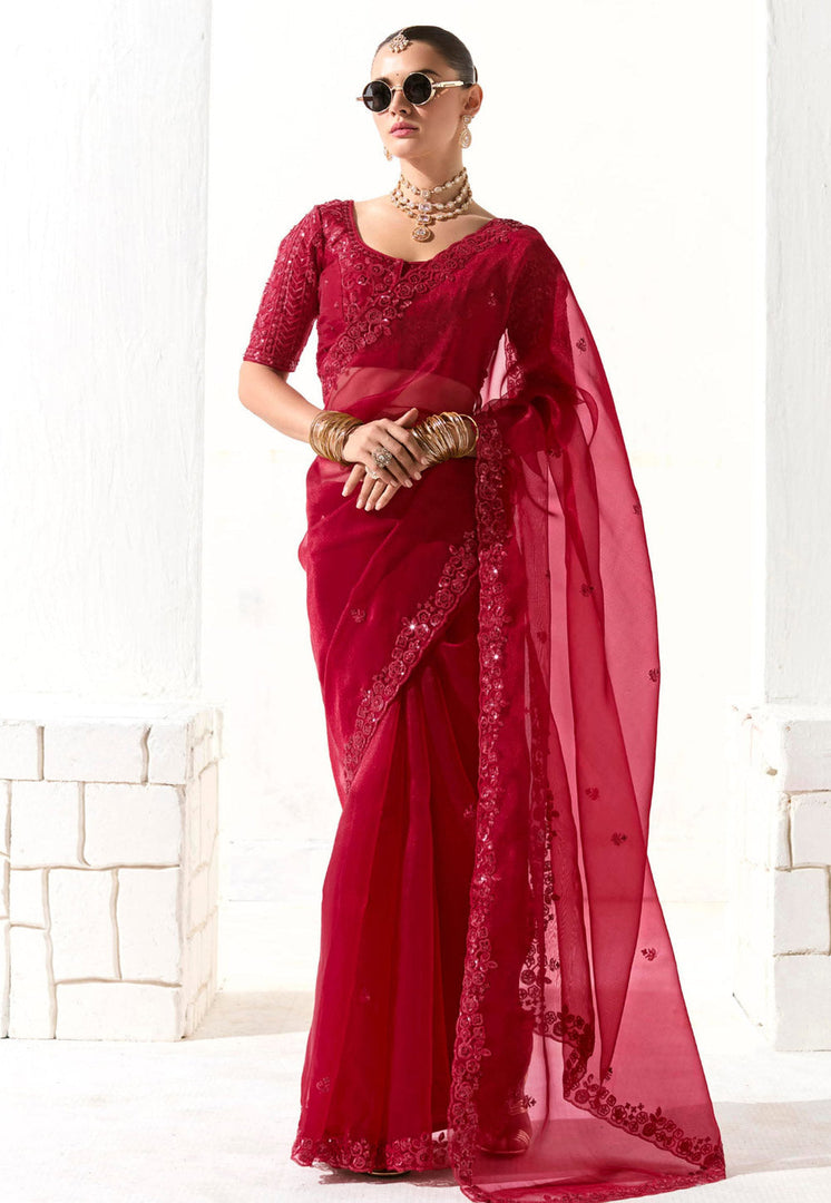 Maroon Organza Saree With Blouse