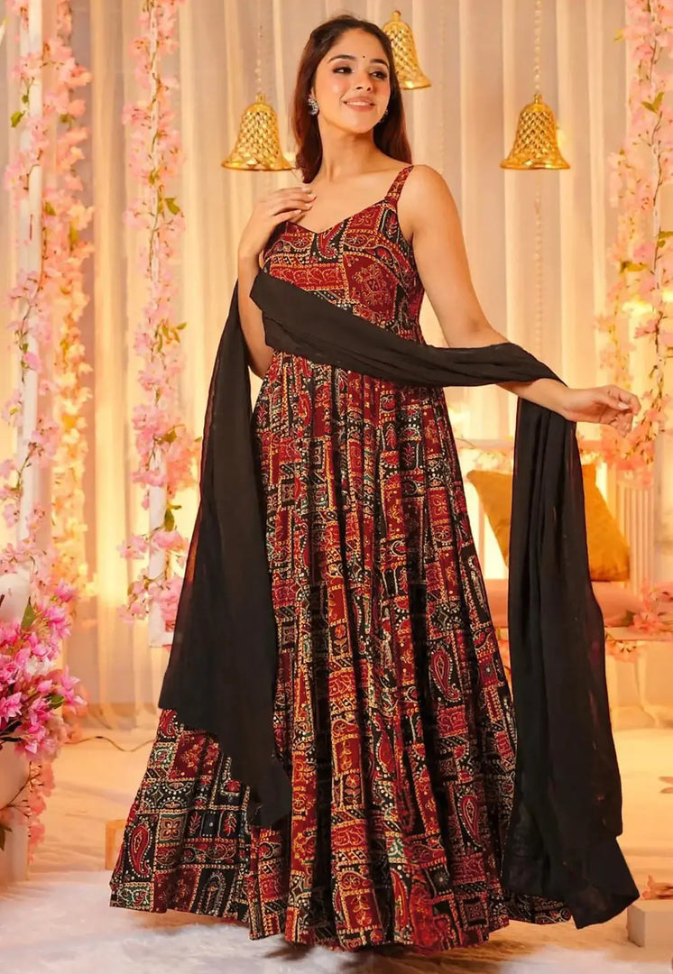 Maroon Rayon Readymade Anarkali Suit