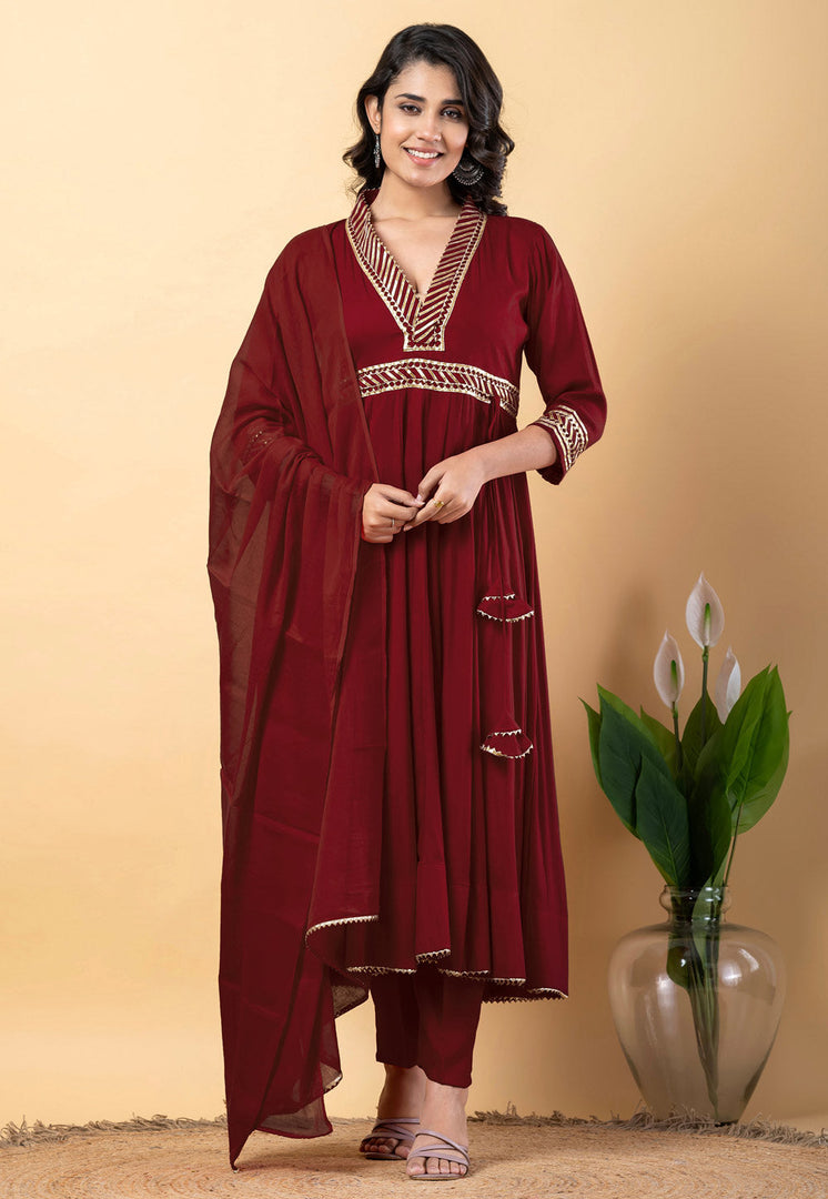 Maroon Rayon Readymade Pant Style Suit