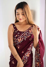 Load image into Gallery viewer, Maroon Satin Chiffon Saree With Blouse
