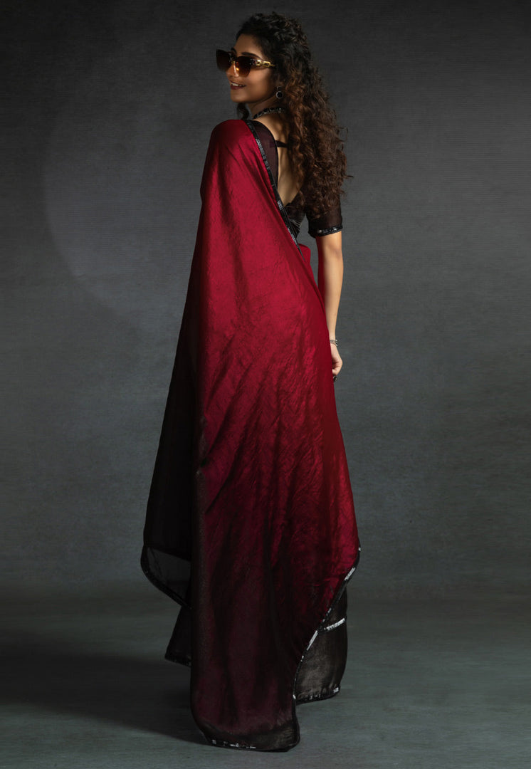 Maroon Satin Silk Half N Half Saree