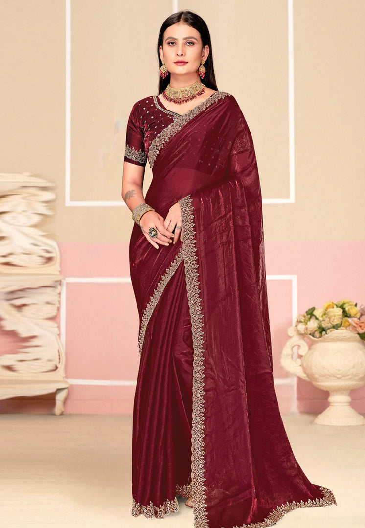 Maroon Satin Silk Saree With Blouse
