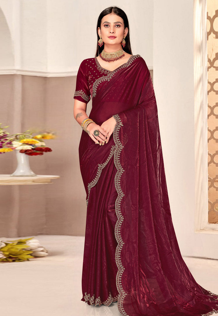 Maroon Satin Silk Saree With Blouse