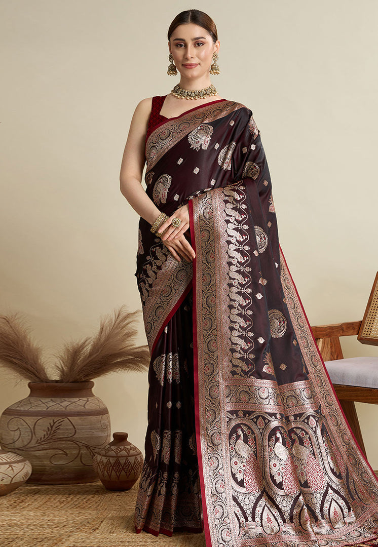 Maroon Satin Silk Saree With Blouse