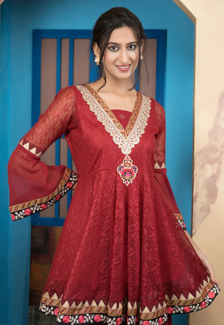Maroon Shimmer Net Readymade Sharara Suit