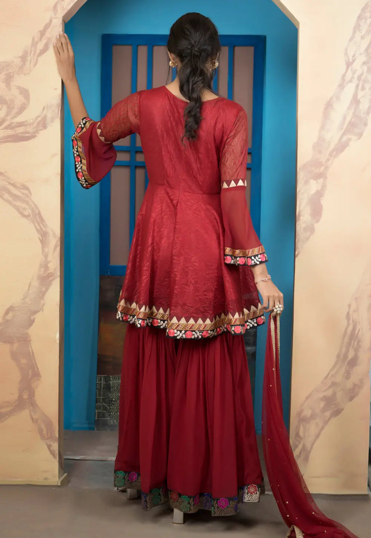 Maroon Shimmer Net Readymade Sharara Suit