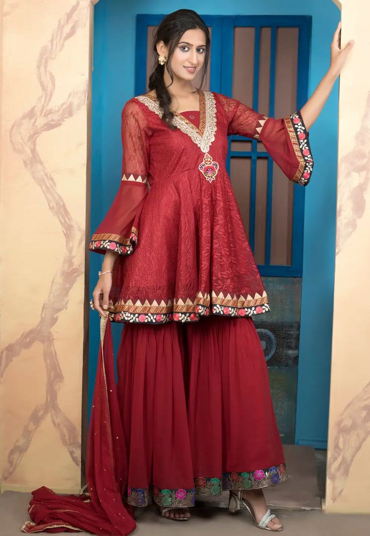 Maroon Shimmer Net Readymade Sharara Suit