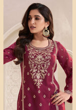 Load image into Gallery viewer, Maroon Silk Chiffon Pant Style Suit
