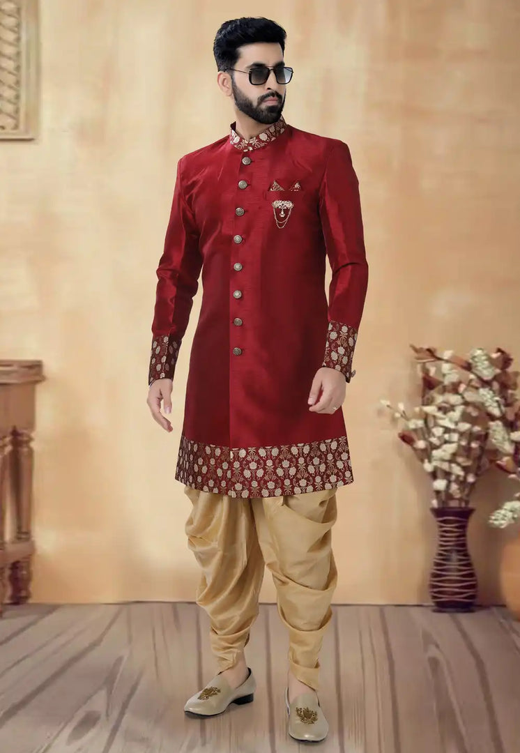 Maroon Silk Dhoti Sherwani