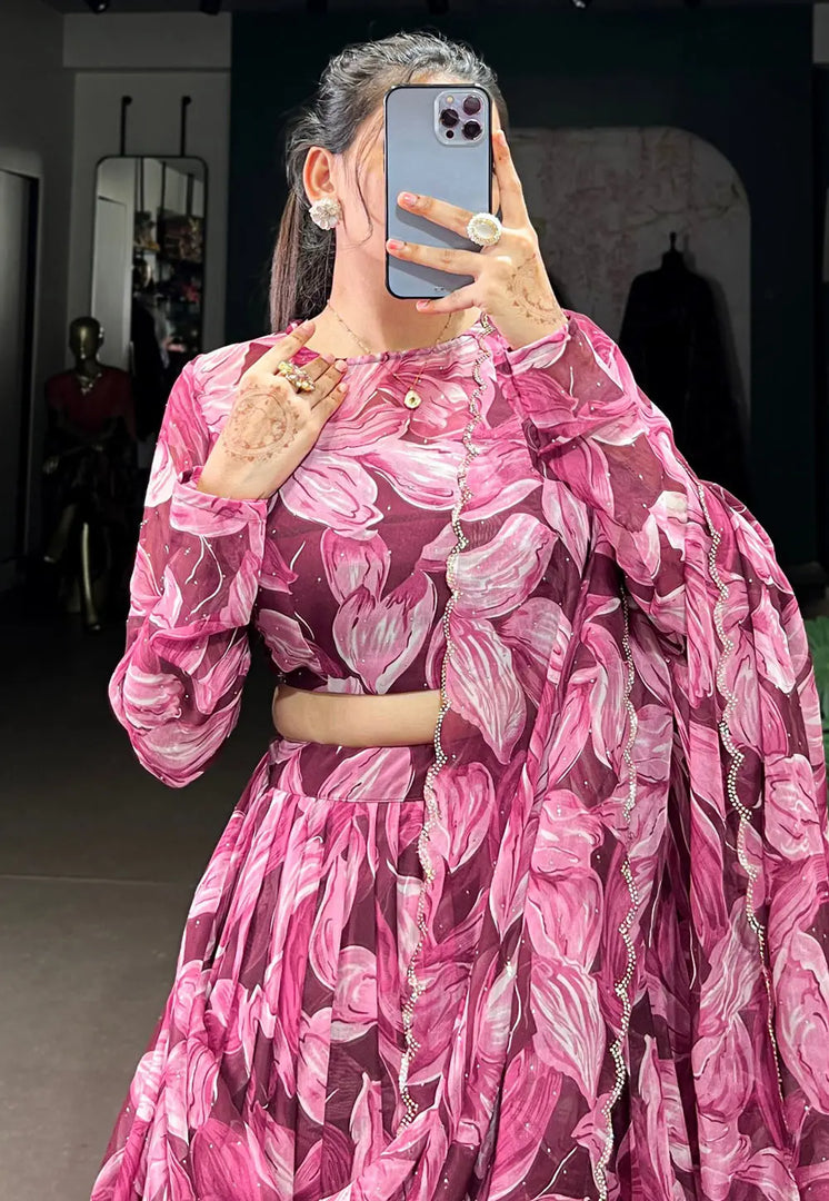 Maroon Silk Floral print Lehenga choli