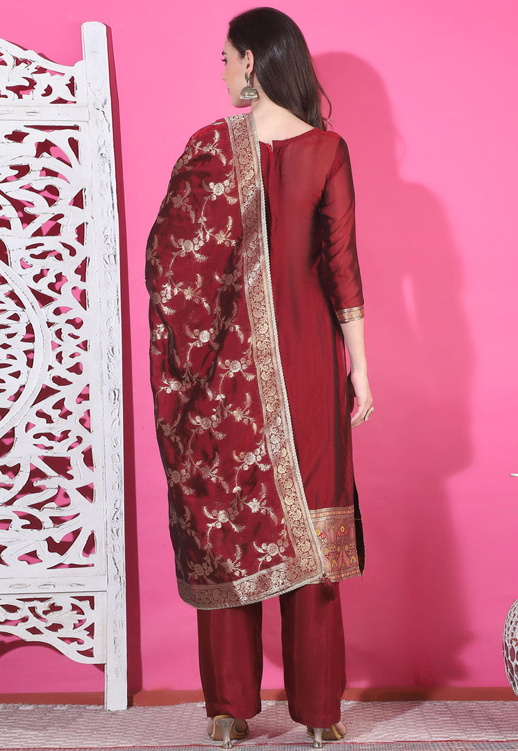 Maroon Silk Jacquard Pant Style Suit