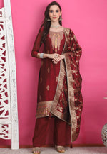 Load image into Gallery viewer, Maroon Silk Jacquard Pant Style Suit
