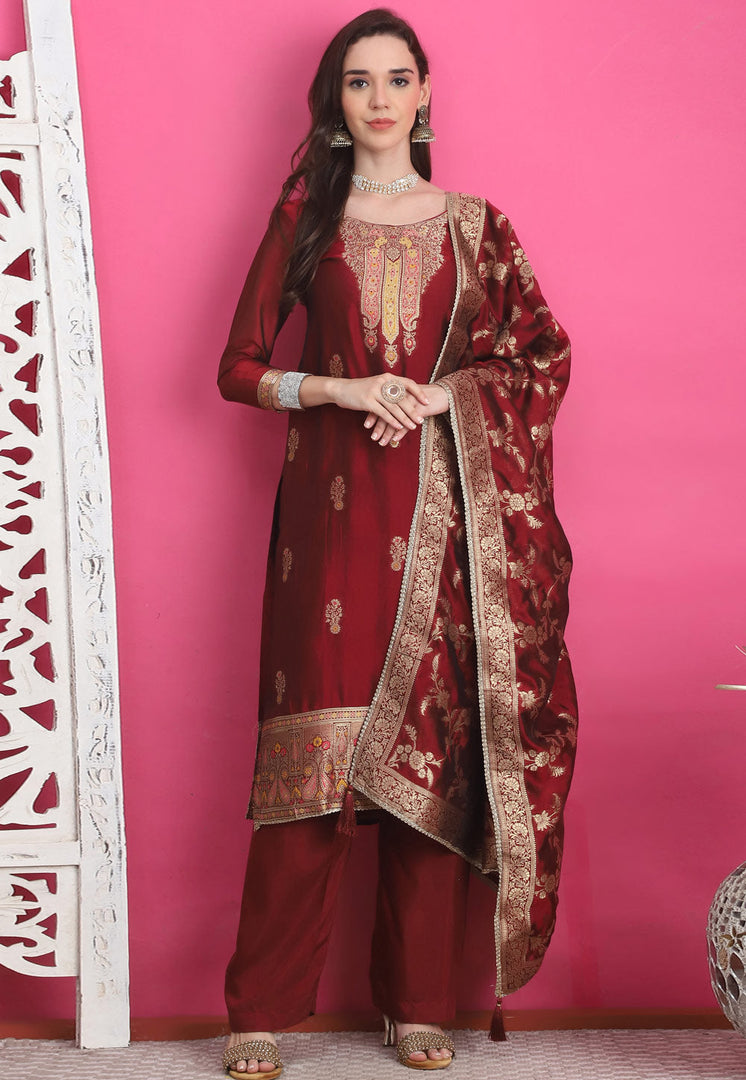 Maroon Silk Jacquard Pant Style Suit