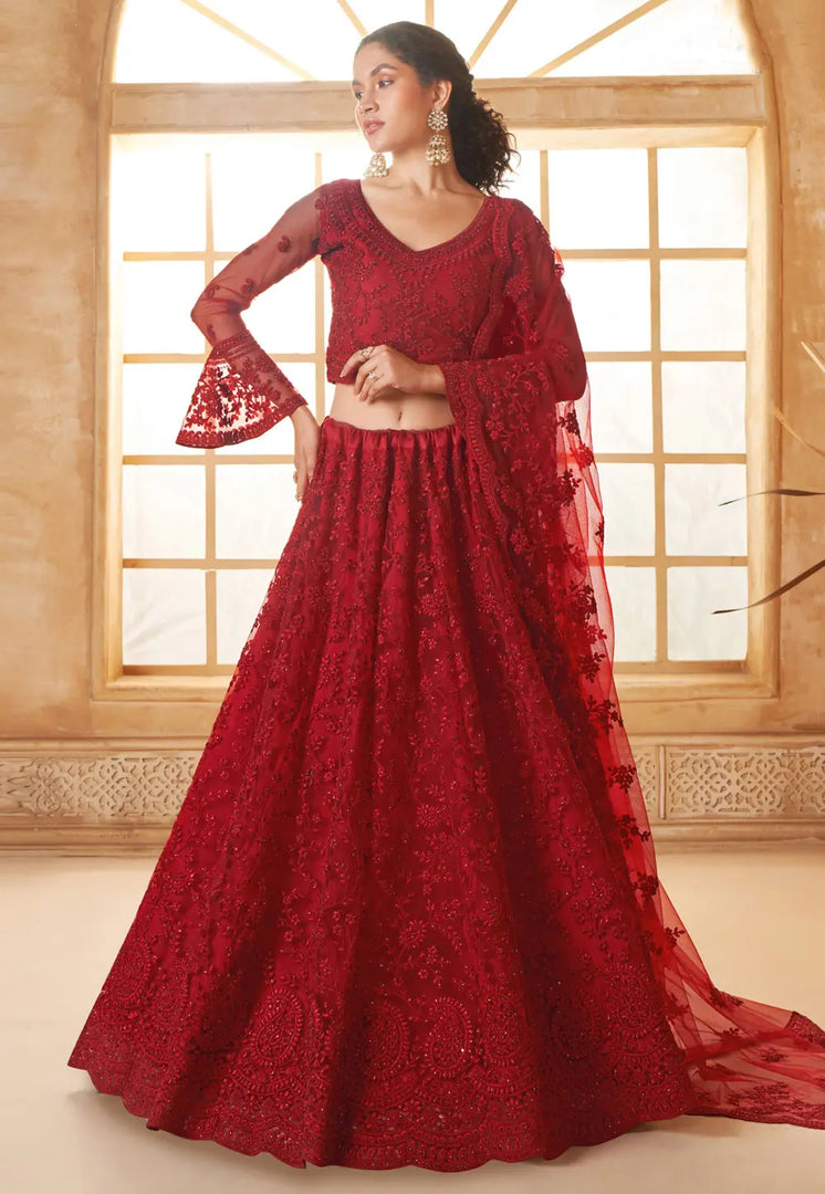 Maroon Silk Net Lehenga Choli For Wedding