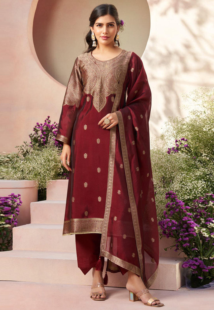 Maroon Silk Pant Style Suit