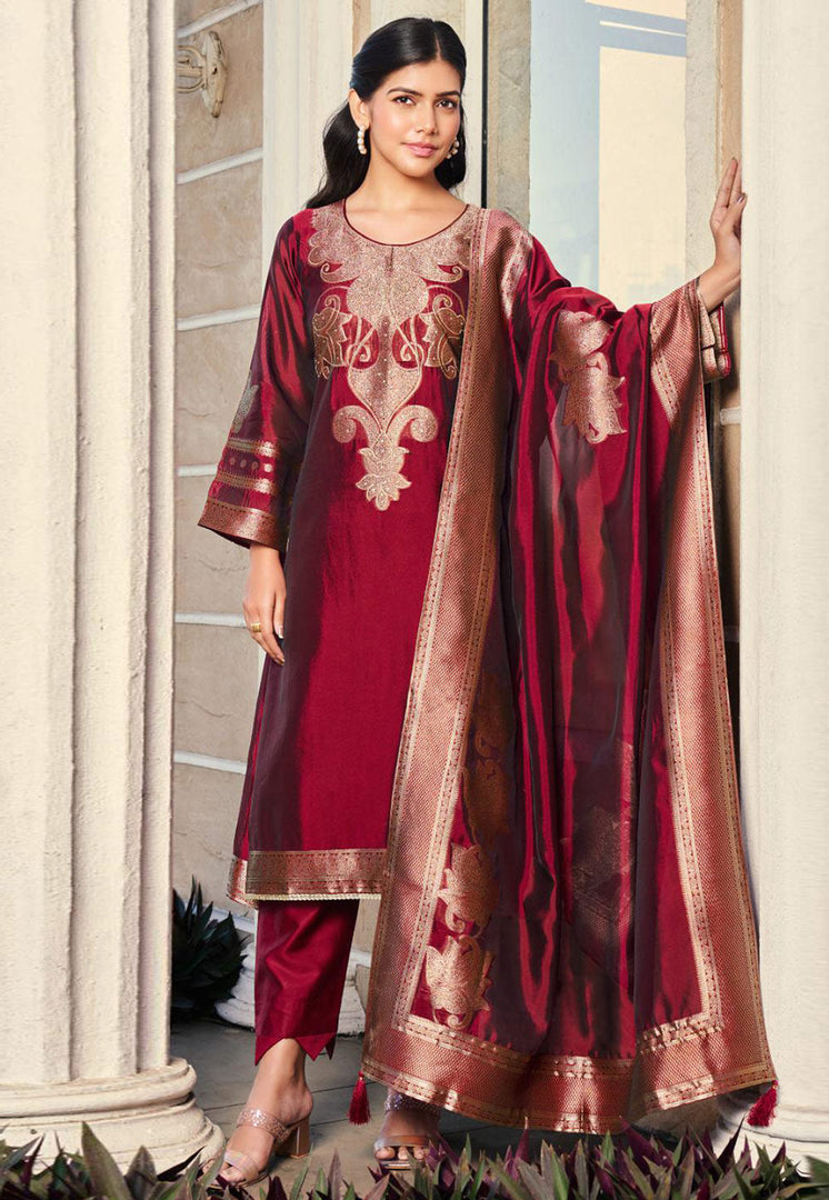 Maroon Silk Pant Style Suit