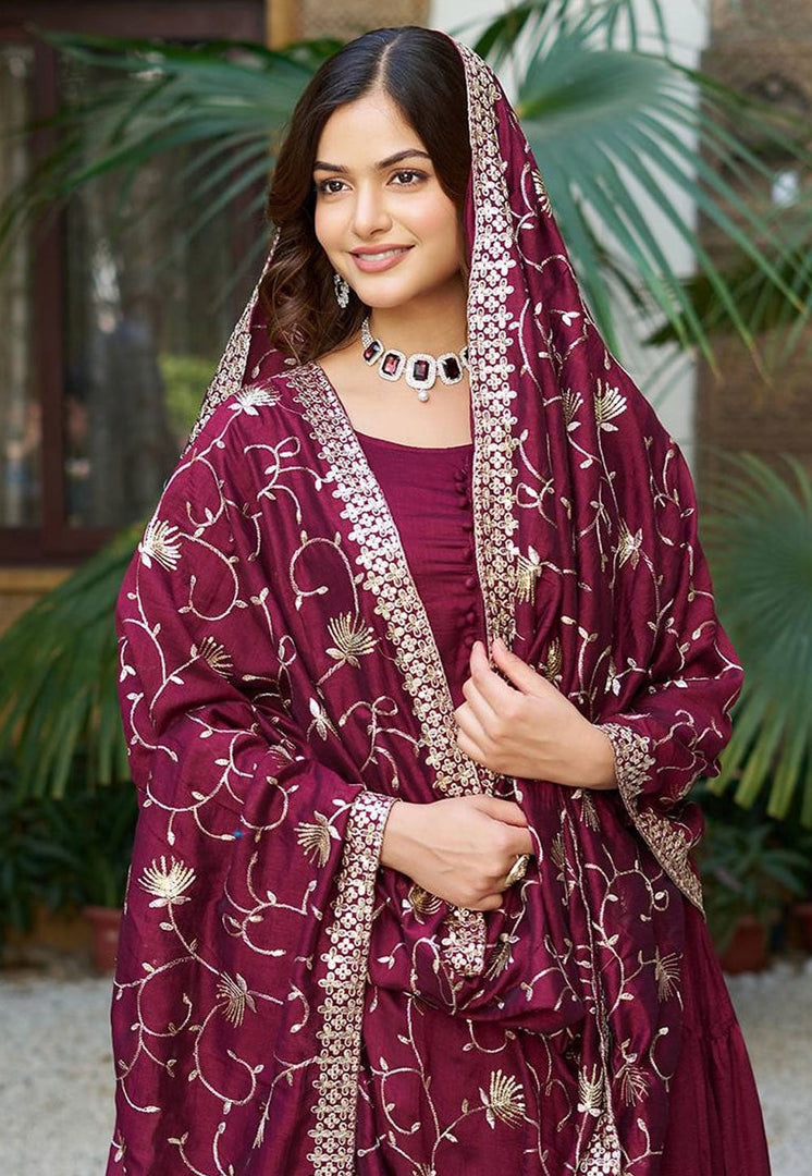 Maroon Silk Readymade Anarkali Suit