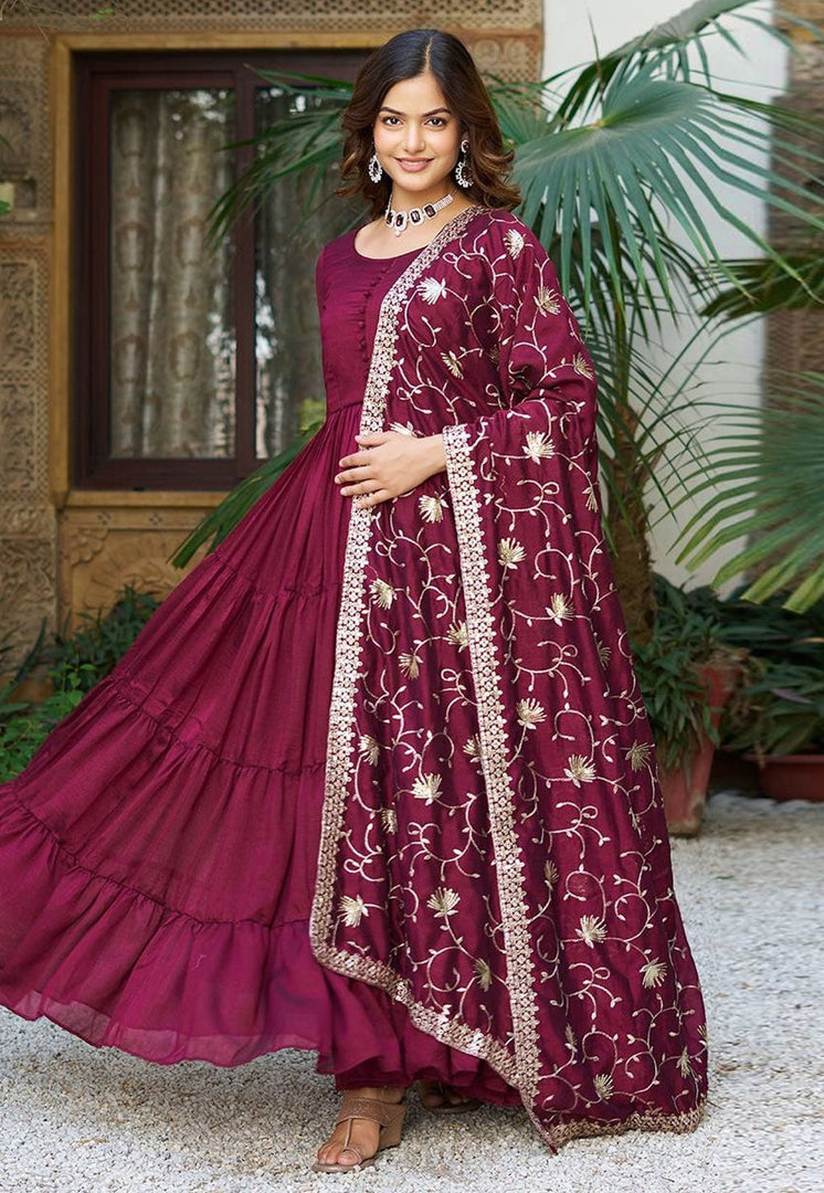Maroon Silk Readymade Anarkali Suit