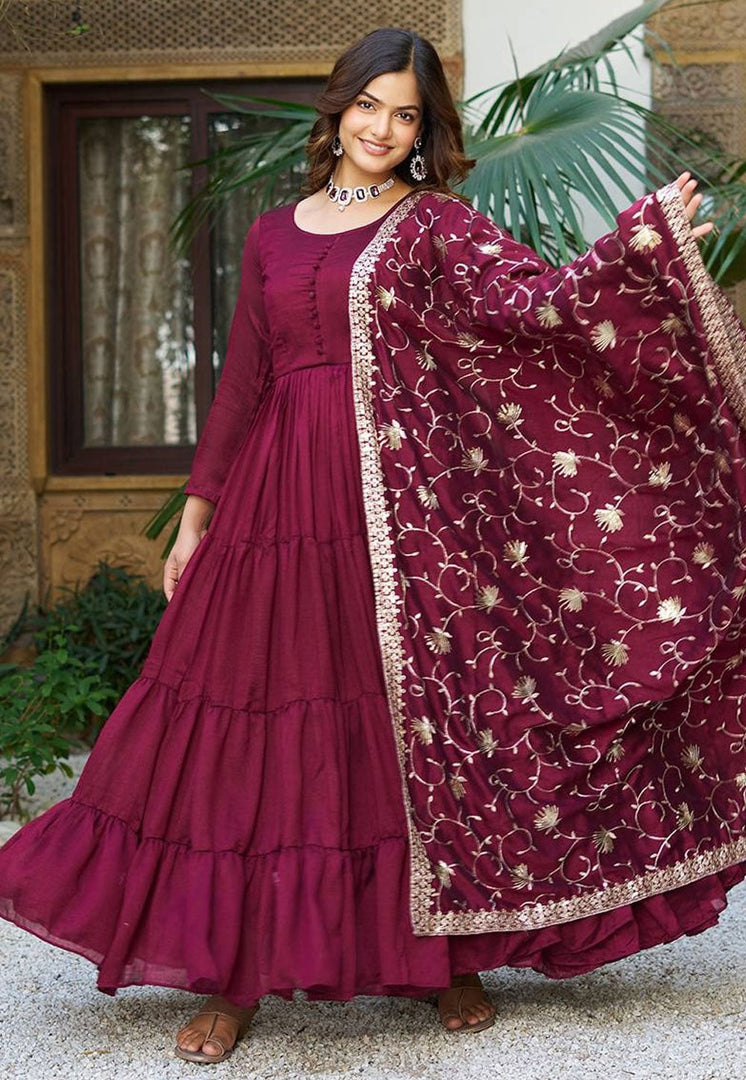 Maroon Silk Readymade Anarkali Suit
