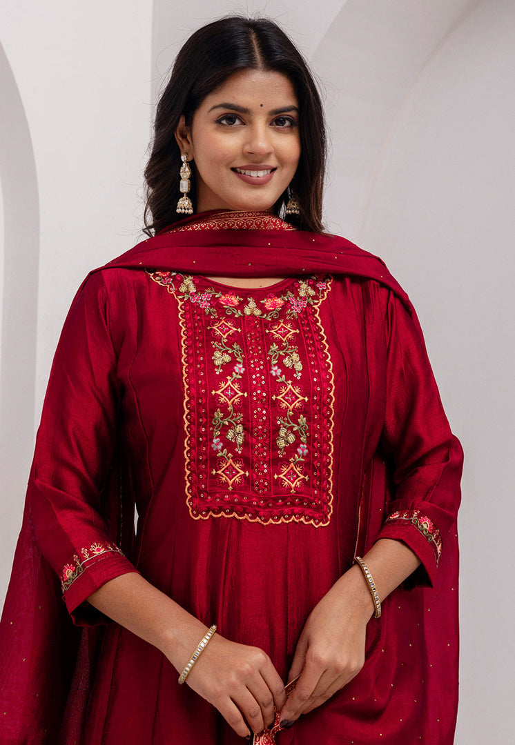 Maroon Silk Readymade Anarkali Suit