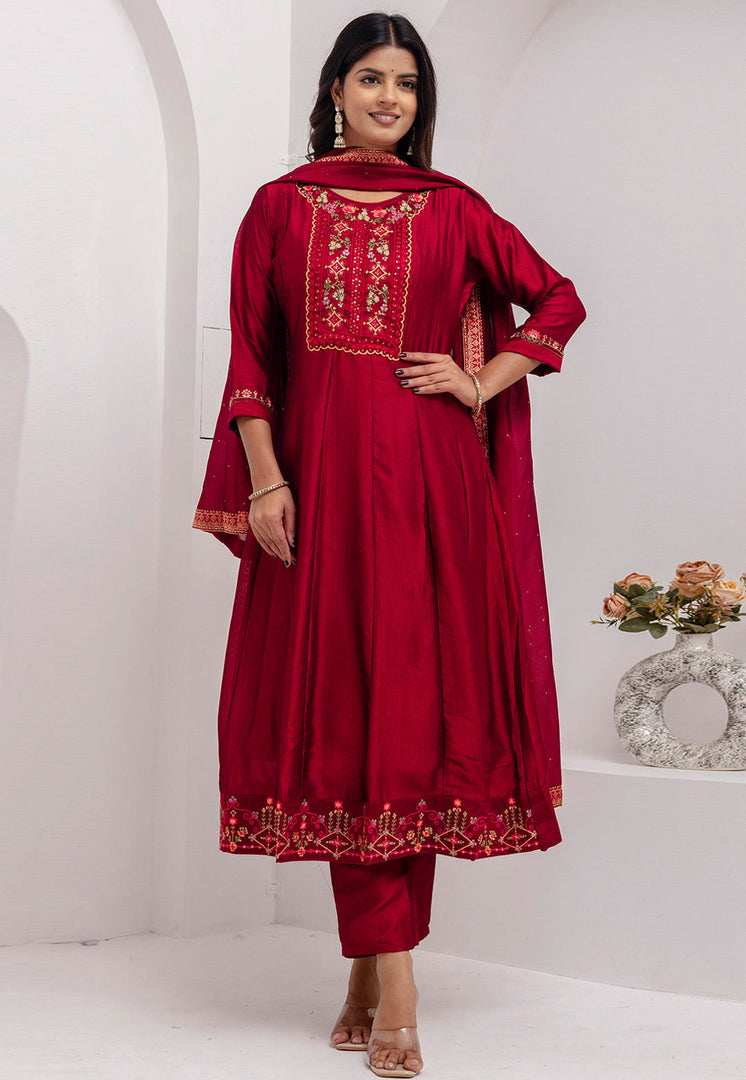 Maroon Silk Readymade Anarkali Suit