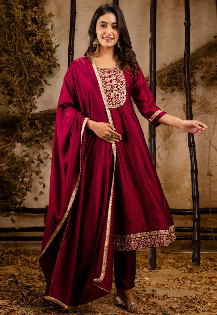 Maroon Silk Readymade Pakistani Suit