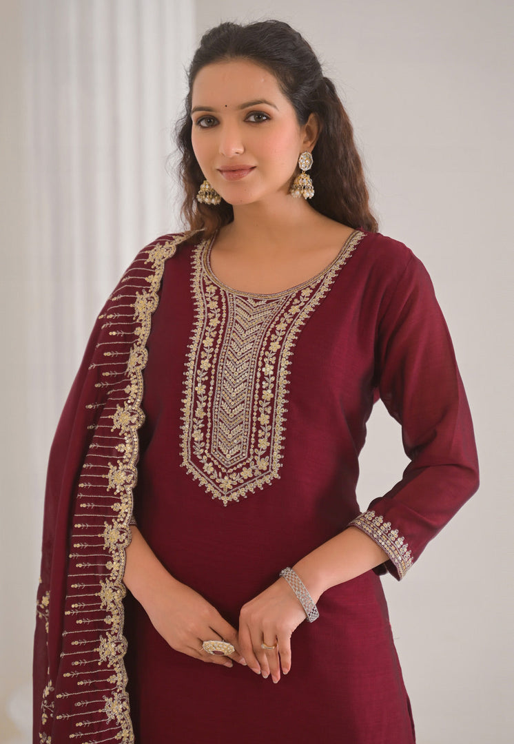 Maroon Silk Readymade Pakistani Suit