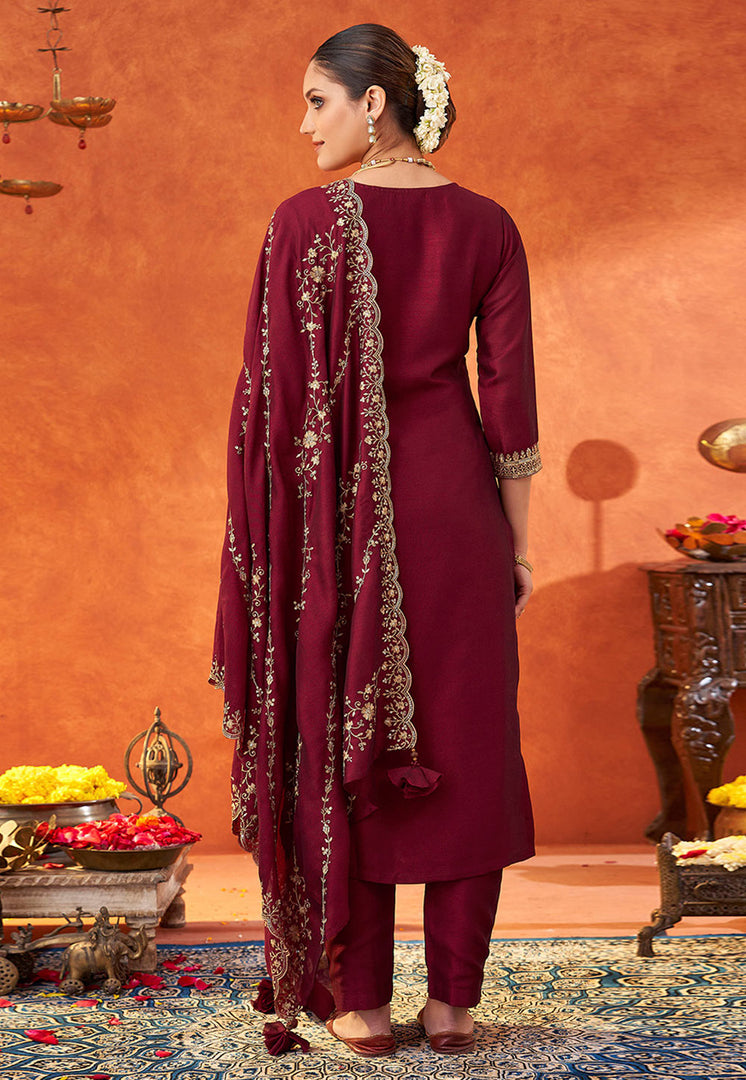 Maroon Silk Readymade Pant Style Suit