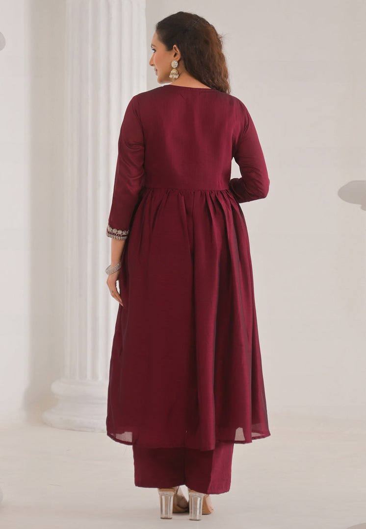 Maroon Silk Readymade Pant Style Suit