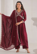 Load image into Gallery viewer, Maroon Silk Readymade Pant Style Suit
