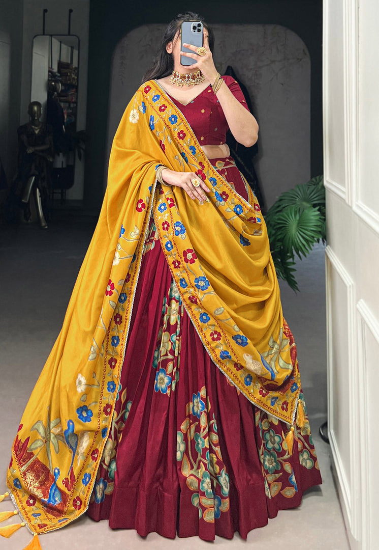 Maroon Tussar Silk Floral Lehenga choli