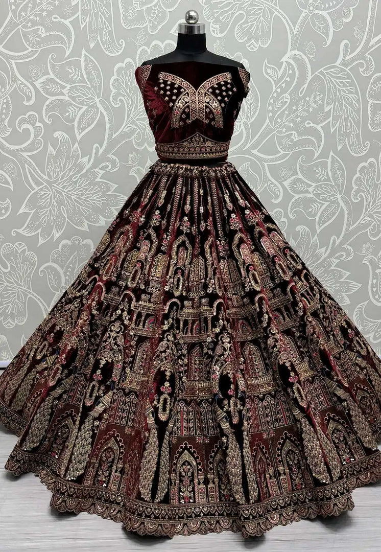 Maroon Velvet Bridal Lehenga Choli
