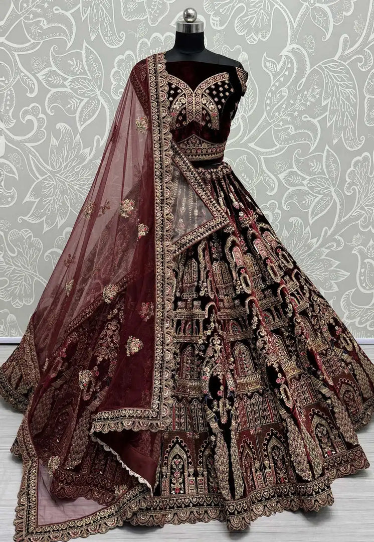 Maroon Velvet Bridal Lehenga Choli