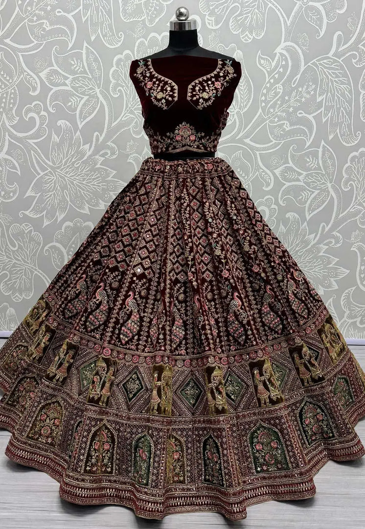 Maroon Velvet Bridal Lehenga Choli