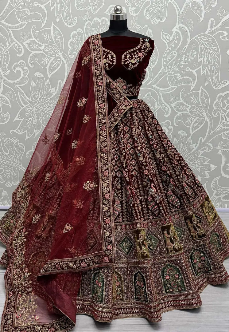 Maroon Velvet Bridal Lehenga Choli