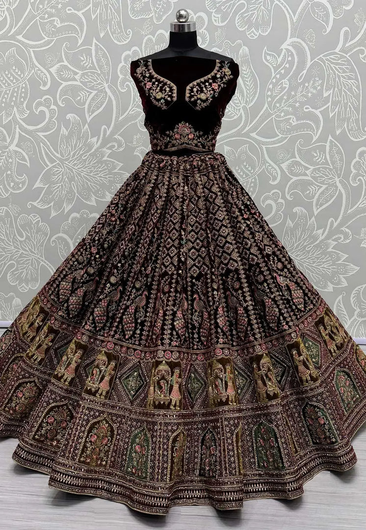 Maroon Velvet Bridal Lehenga Choli