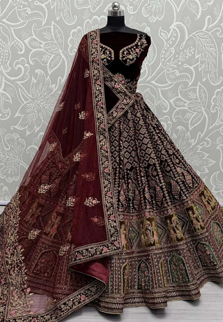 Maroon Velvet Bridal Lehenga Choli