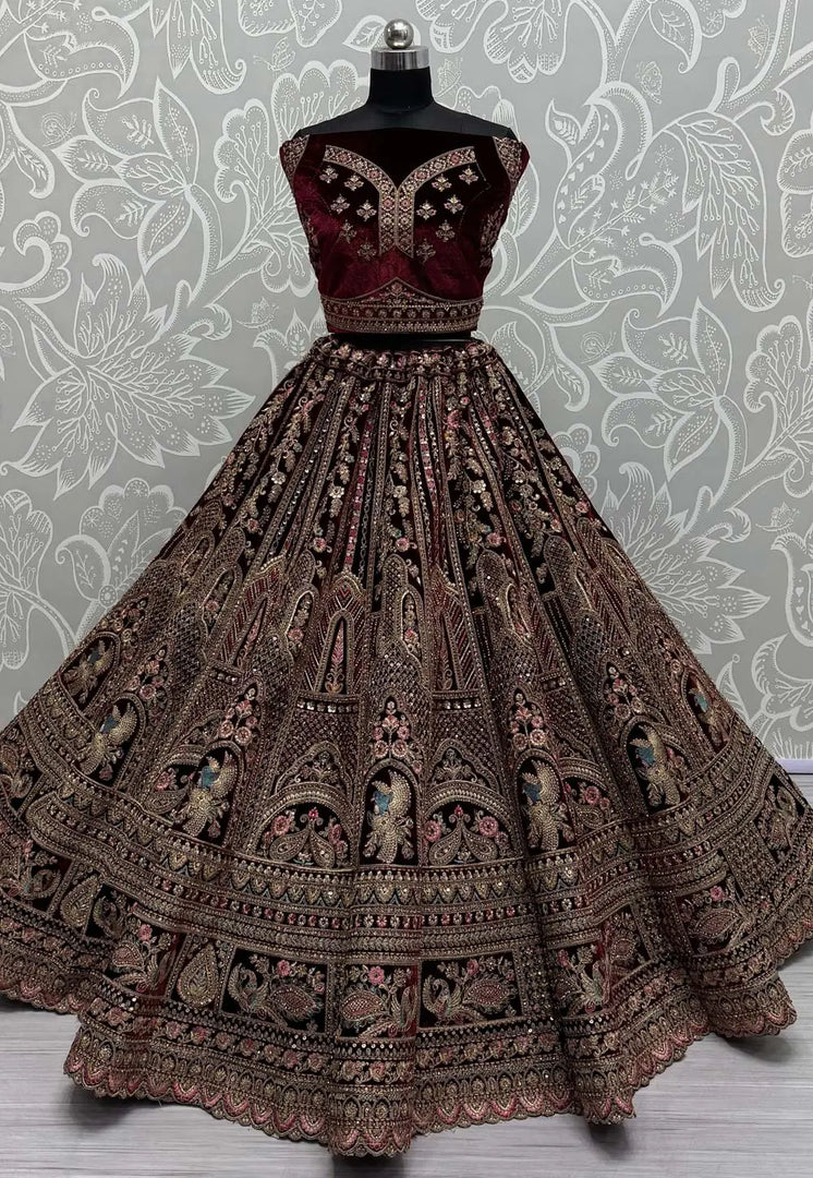 Maroon Velvet Bridal Lehenga Choli