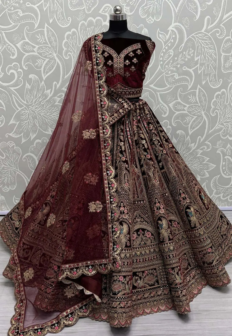 Maroon Velvet Bridal Lehenga Choli