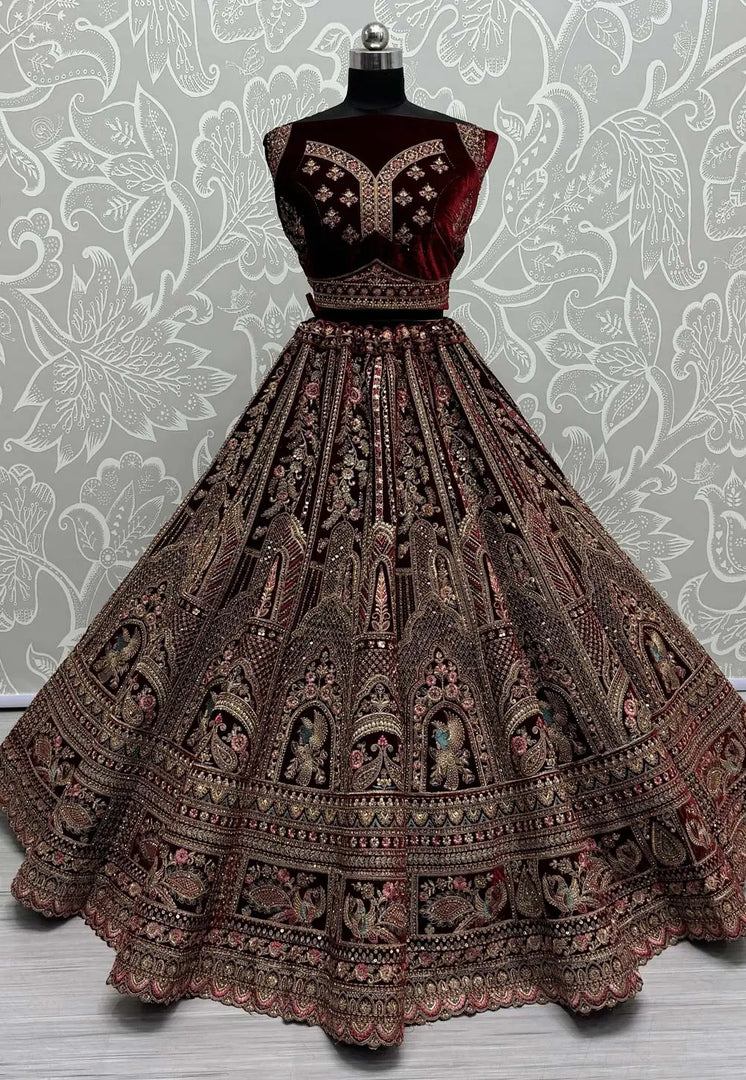 Maroon Velvet Bridal Lehenga Choli