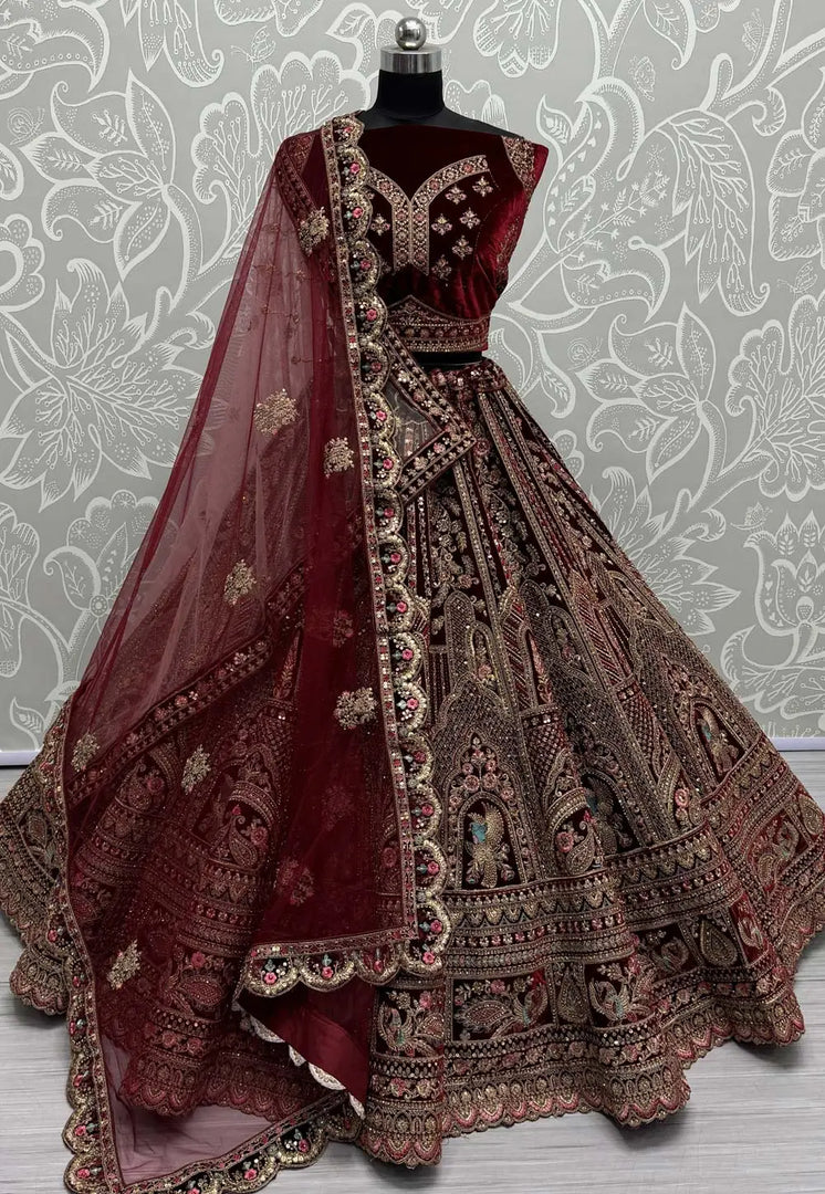 Maroon Velvet Bridal Lehenga Choli